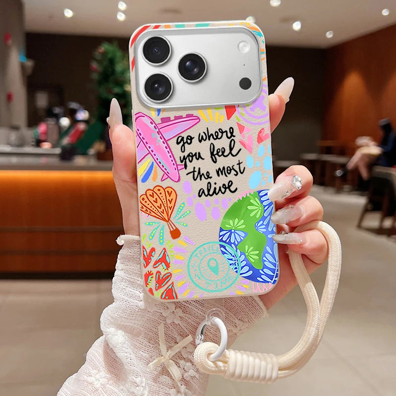 Wrist Strap Lanyard Phone Case For iPhone 17 16 15 Pro Max 14 15 Plus 13 12 Pro Max 11 Air Creative Pattern Soft Silicone Cover