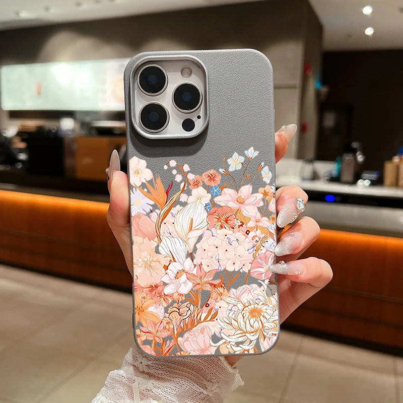 Leather Texture TPU Phone Case For iPhone 17 16 15 Pro Max 14 15 Plus 13 12 Pro Max 11 Air Pink Flowers Printed Soft Back Cover