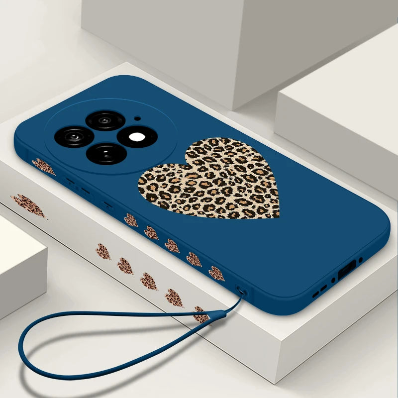 Lanyard Soft TPU Phone Case For OnePlus 15 13 13T 12 13R 12R 11R Nord 5 Ace 5 3 2 5G Leopard Print Heart Pattern Silicone Cover