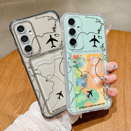 Air Route Card Bag Wallet Case For Samsung Galaxy S25 S24 S22 Ultra S23 FE A55 A35 A25 A15 A16 5G A06 A05 Soft TPU Phone Cover