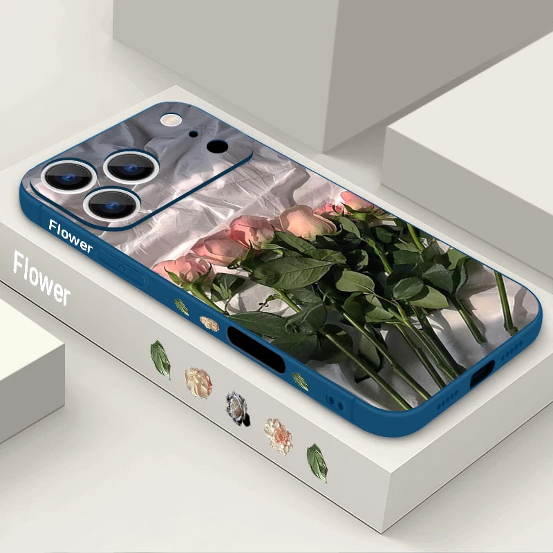 Wrist Strap Lanyard TPU Phone Case For iPhone 17 16 15 Pro Max 12 13 14 Pro Max Air 11 Pink Rose Pattern Soft Silicone Cover