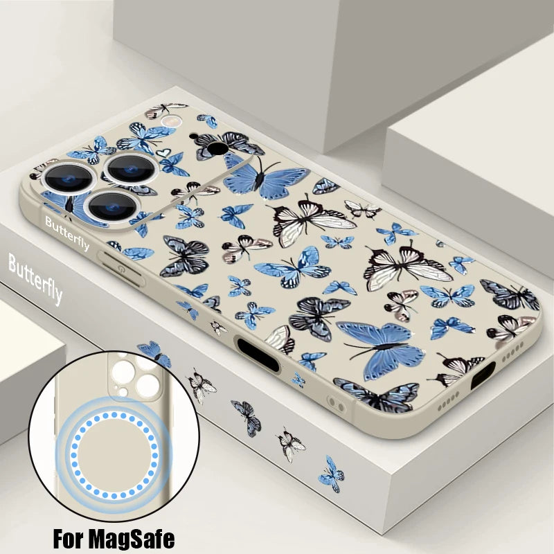 Blue Butterfly Pattern Phone Case For iPhone 17 Pro Max Air 16E 16 15 14 13 12 Pro Max 11 Magnetic For Magsafe Lanyard TPU Cover