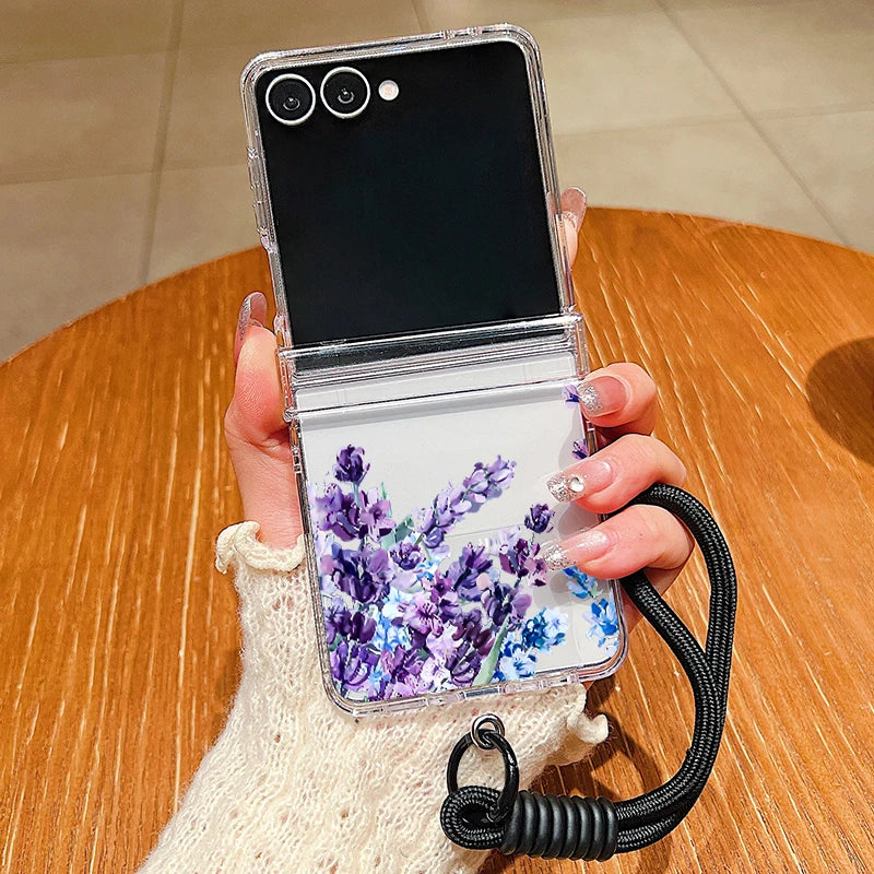 Wrist Strap Lanyard Phone Case For Samsung Galaxy Z Flip7 Flip6 Flip5 Flip4 Flip 7 FE 6 5 4 3 5G Tiny Hearts Pattern Back Cover