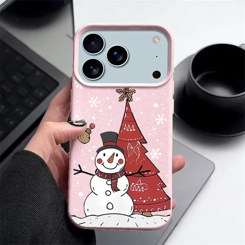 Christmas Snowman Print Phone Case For iPhone 17 16 15 14 Pro Max 13 12 Pro Air 11 16e Shockproof Leather Texture TPU Soft Cover