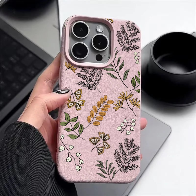 Leaves Pattern Soft Case For iPhone 17 Air 16e 16 15 14 13 12 Pro Max 11 Luxury Leather Texture TPU Silicone Phone Cover Fundas
