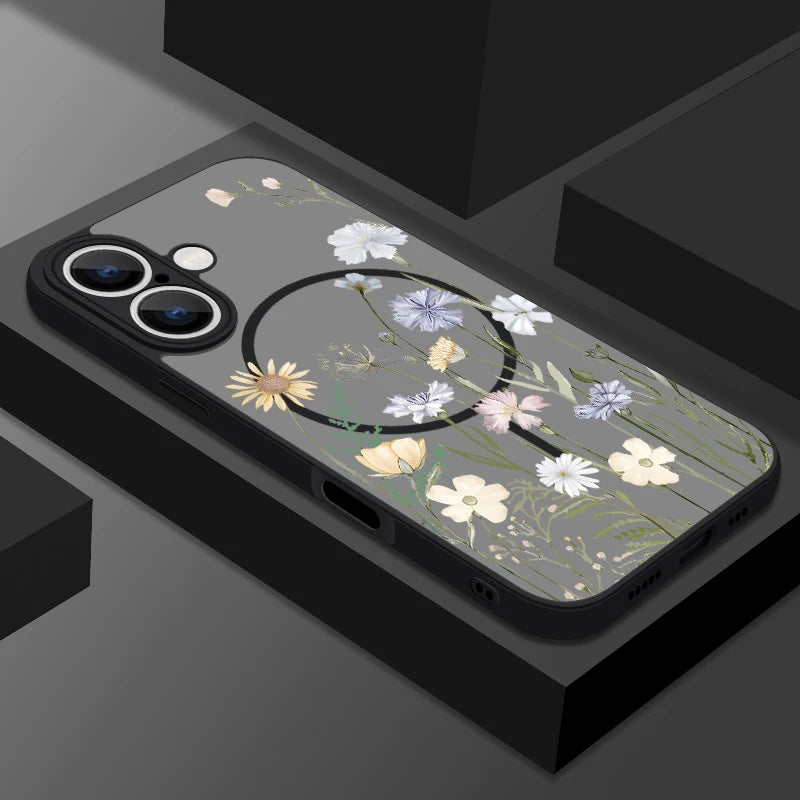 Hard Matte Magnetic Case For iPhone 16e 16 15 Pro Max 14 13 Pro For Magsafe Wireless Charge Small Flowers Print Phone Cover
