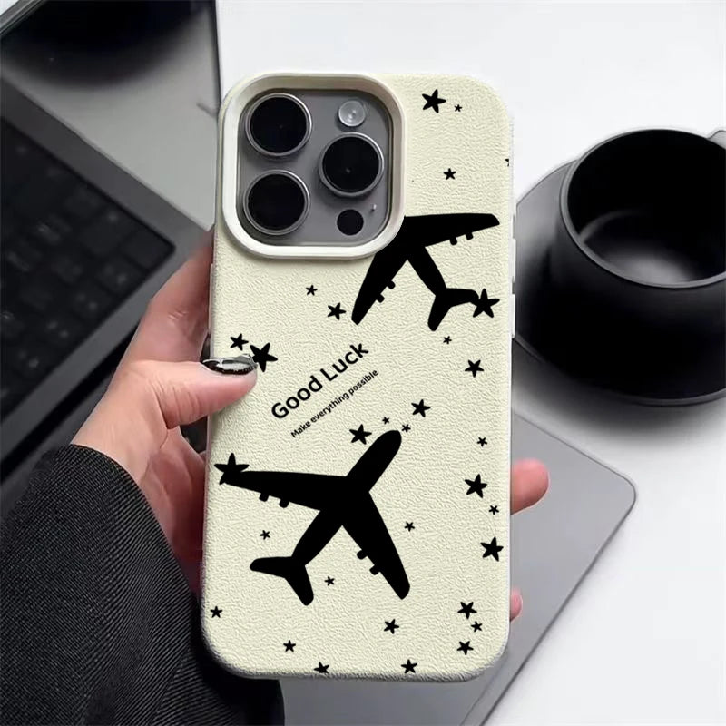 Airplane TPU Case For iPhone 16e 16 Pro Max 12 13 14 15 Pro Max 11 Shockproof Leather Texture Soft Silicone Phone Cover Fundas