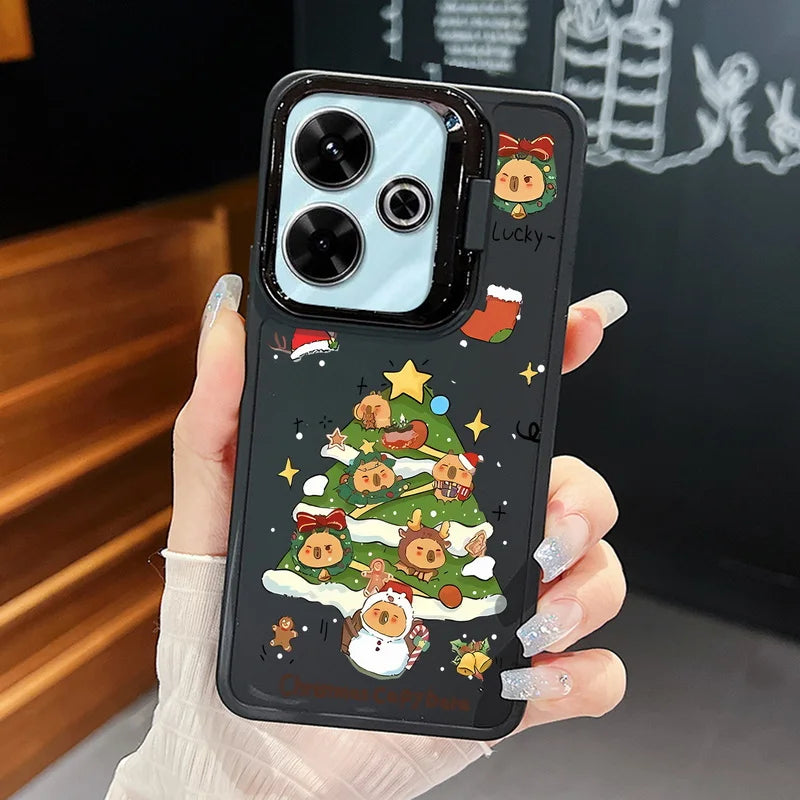 Merry Christmas Pattern Lens Frame Holder Case For Xiaomi Redmi Note 13 Pro 12 11 Pro 5G 13C 4G Kickstand Soft TPU Phone Cover