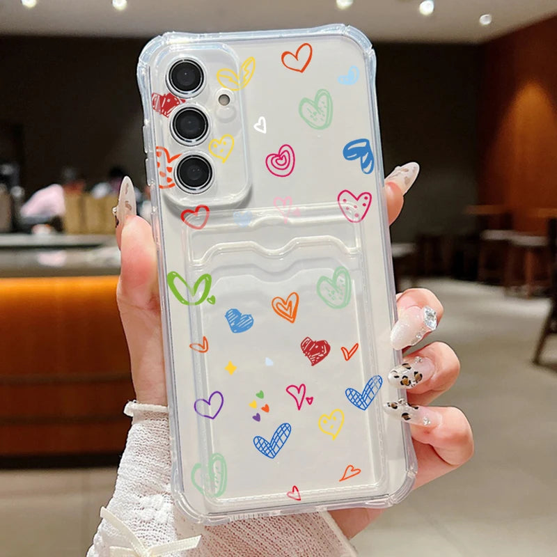 Colorful Love Card Bag Wallet Case For Samsung Galaxy S24 S23 FE S22 Ultra A16 A55 A35 A25 A15 A06 A05 5G Clear Soft TPU Cover
