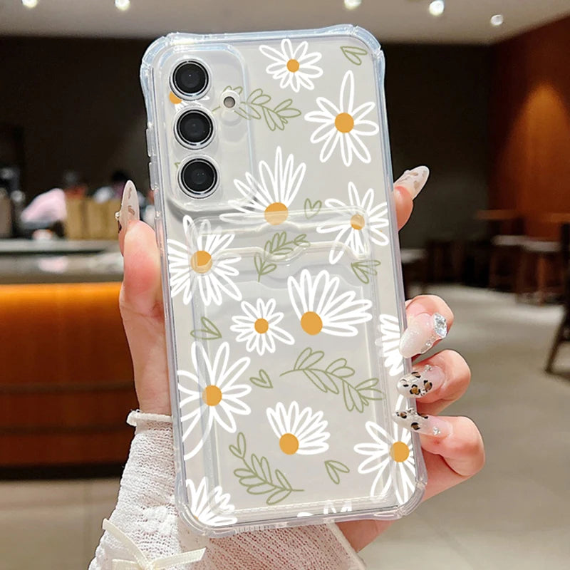 Card Slot Pocket Case For Samsung Galaxy A56 A55 A25 A16 A15 A36 5G S25 Edge S24 Ultra S23 S24 FE Cartoon White Flower TPU Cover