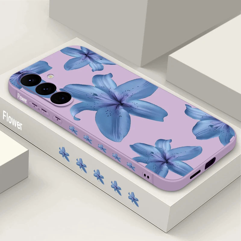 Soft TPU Phone Case For Samsung Galaxy S24 S25 FE S25 S23 S22 Ultra A17 A56 A16 A55 A25 A15 A36 A54 5G Blue Flower Print Cover