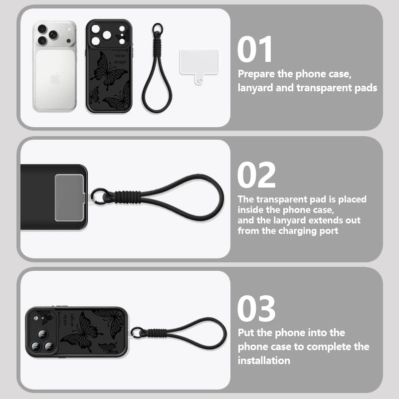 Wrist Strap Lanyard Phone Case For iPhone 17 Pro Max Air 16E 16 14 15 Pro 12 13 Pro Max 11 Sketch Butterfly Pattern TPU Cover