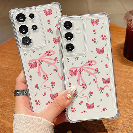 Clear Case For Samsung Galaxy S25 Edge S24 S23 S22 Ultra S24 S21 FE A56 A55 A16 A15 5G Pink Bowknot Pattern Soft TPU Phone Cover