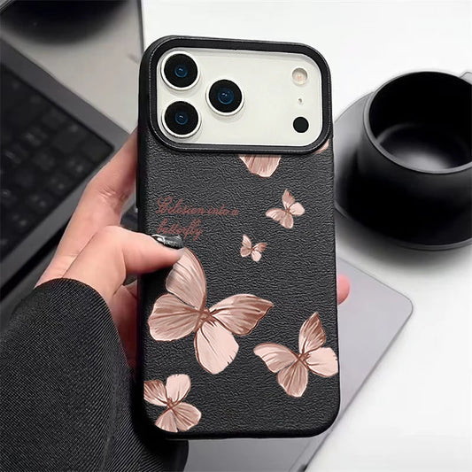 Pink Butterfly Pattern TPU Phone Case For iPhone 17 16e 16 15 Pro Max 14 13 12 Pro Max 11 Air Leather Texture Silicone Cover