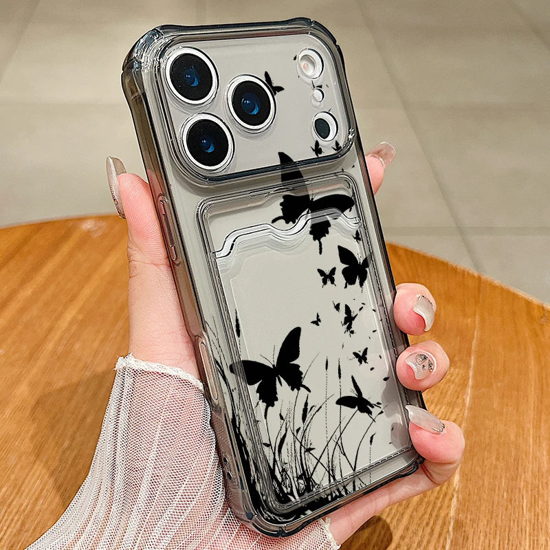 Card Slot Pocket TPU Case For iPhone 17 16 Pro 15 14 13 Pro Max 11 Shockproof Butterfly Pattern Soft Silicone Clear Phone Cover