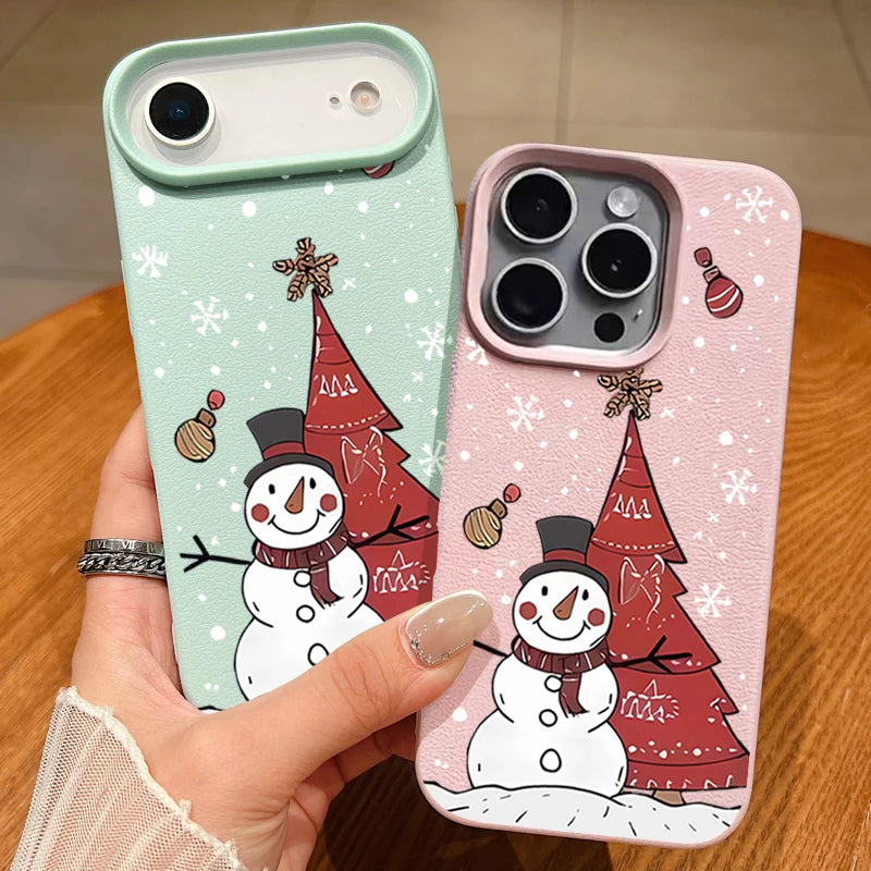 Christmas Snowman Print Phone Case For iPhone 17 16 15 14 Pro Max 13 12 Pro Air 11 16e Shockproof Leather Texture TPU Soft Cover