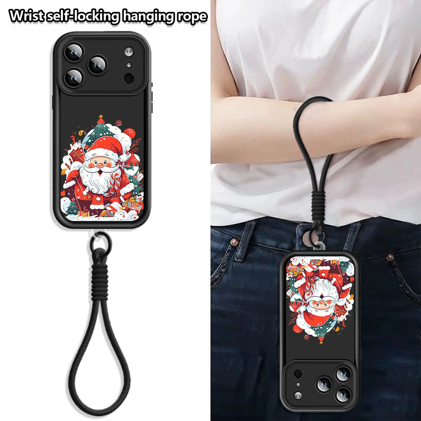 Soft TPU Lanyard Phone Case For iPhone 17 Pro Max Air 16E 16 14 15 Pro 12 13 Pro Max 11 Santa Claus Pattern Wrist Strap Cover