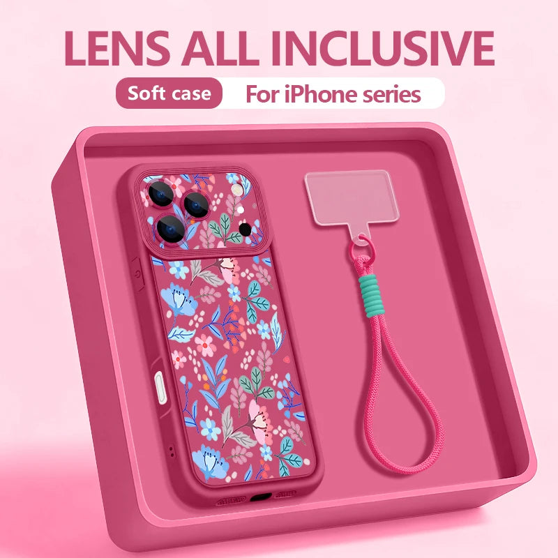 Wrist Strap Lanyard Phone Case For iPhone 17 Pro Max Air 16E 16 14 15 Pro 12 13 Pro Max 11 White Flowers Printed Soft TPU Cover