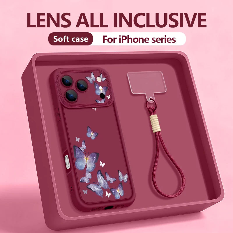 Wrist Strap Lanyard Phone Case For iPhone 17 Pro Max Air 16E 16 14 15 Pro 12 13 Pro Max 11 Sketch Butterfly Pattern TPU Cover