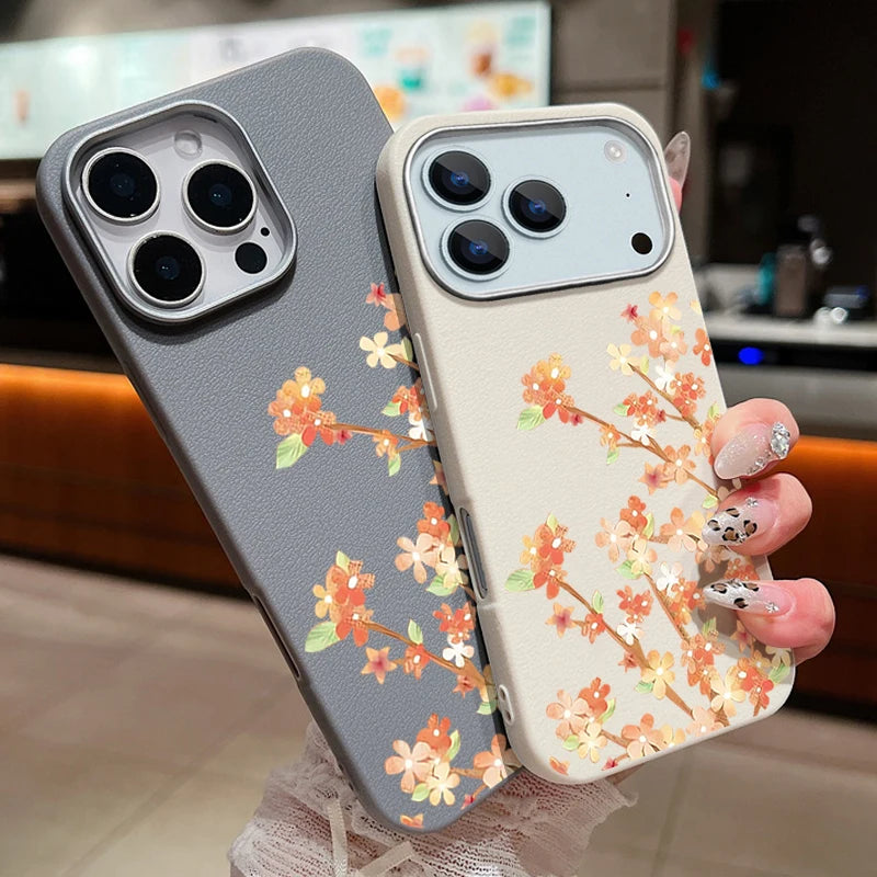 Leather Texture TPU Phone Case For iPhone 17 16 15 Pro Max 14 15 Plus 13 12 Pro Max 11 Air Orange Flowers Printed Back Cover