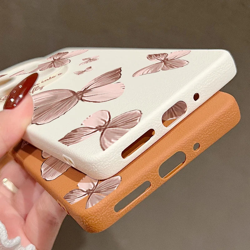 Pink Butterfly Pattern Phone Case For Xiaomi Redmi Note 14 13 Pro 4G Note 13 14 Pro Plus 5G 13C 11 Pro Leather Texture TPU Cover