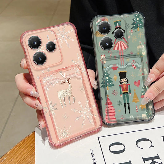Card Pocket Soft TPU Phone Case For Xiaomi Redmi Note 14 Pro Plus 5G Note 13 12 Pro 14C 13C 4G Christmas Elk Pattern Back Cover