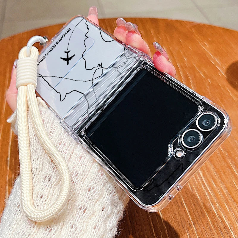 Wrist Strap Lanyard Phone Case For Samsung Galaxy Z Flip7 Flip6 Flip5 Flip4 Flip 7 FE 6 5 4 3 5G Airplane Pattern Folding Cover