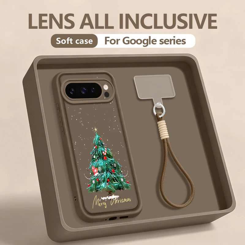 Christmas Tree Pattern Phone Case For Google Pixel 10 8 7 Pro 8A Pixel 9 Pro XL Soft TPU Wrist Strap Lanyard Silicone Back Cover
