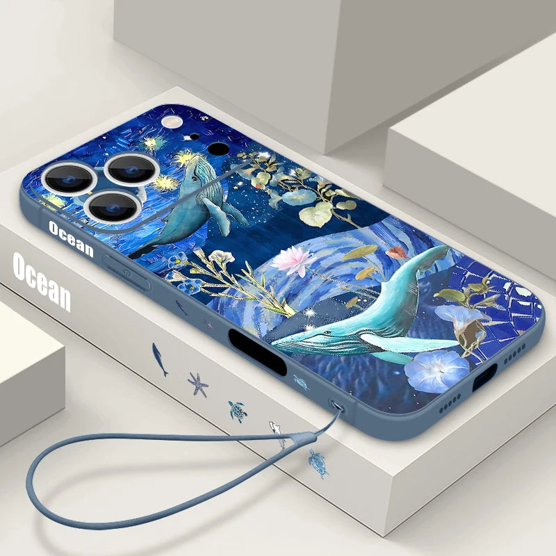 Wrist Strap Lanyard TPU Phone Case For iPhone 17 16 15 Pro Max 12 13 14 Pro Max Air 11 Dreamy Ocean Printed Soft Silicone Cover
