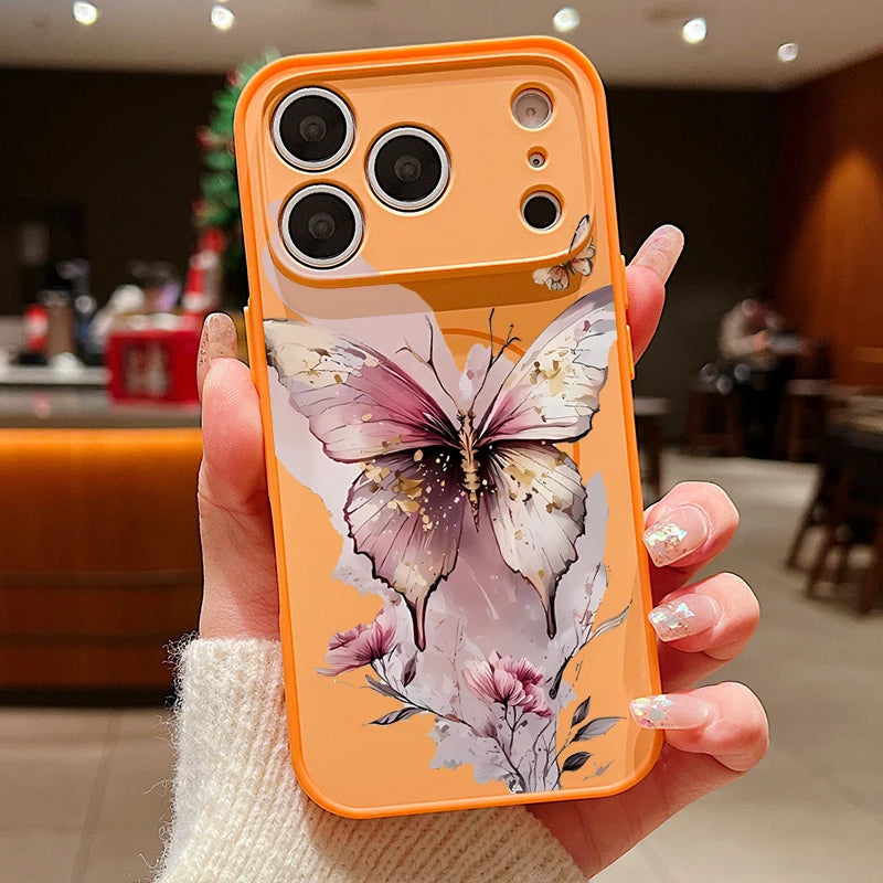 Magnetic Phone Case For iPhone 17 Pro 16 15 14 13 Pro Max For Magsafe Wireless Charge Pink Butterfly Print Hard PC Back Cover