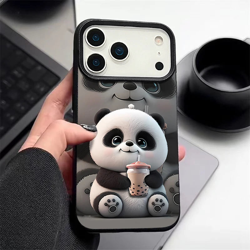 Cartoon Panda Printed TPU Phone Case For iPhone 17 16e 16 15 Pro Max 14 13 12 Pro Max 11 Air Soft Leather Texture Silicone Cover