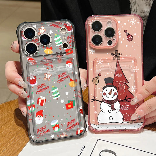 Card Slot Pocket TPU Phone Case For iPhone 17 Pro Air 16e 16 15 14 13 Pro Max 12 11 Christmas Snowman Printed Soft Back Cover