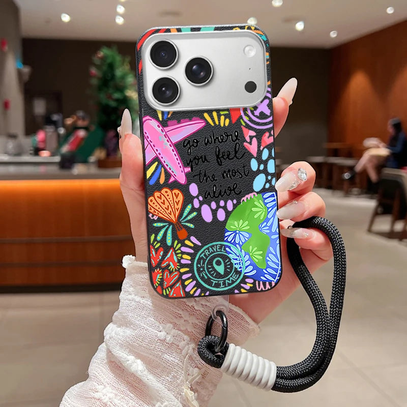 Wrist Strap Lanyard Phone Case For iPhone 17 16 15 Pro Max 14 15 Plus 13 12 Pro Max 11 Air Creative Pattern Soft Silicone Cover