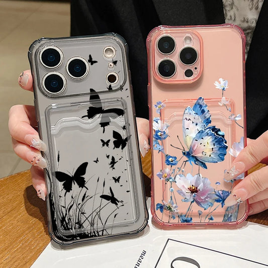 Card Slot Pocket TPU Case For iPhone 17 16 Pro 15 14 13 Pro Max 11 Shockproof Butterfly Pattern Soft Silicone Clear Phone Cover