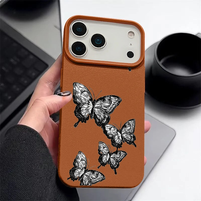 Black Butterfly Pattern Phone Case For iPhone 17 16e 16 15 Pro Max Leather Texture TPU Cover For iPhone Air 12 13 14 Pro Max 11