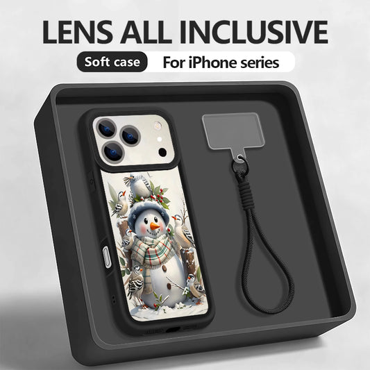 Lanyard Phone Case For iPhone 17 Pro Max Air 16E 16 14 15 Pro 12 13 Pro Max 11 Cute Snowman Printed Wrist Strap Soft TPU Cover