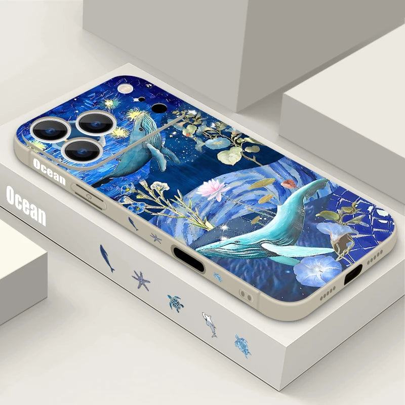 Wrist Strap Lanyard TPU Phone Case For iPhone 17 16 15 Pro Max 12 13 14 Pro Max Air 11 Dreamy Ocean Printed Soft Silicone Cover