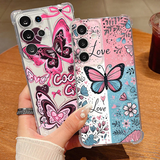 Clear Soft TPU Phone Case For Samsung Galaxy A17 A56 A16 A36 A55 A15 A25 A26 A54 A53 5G Pink Butterfly Pattern Drop-proof Cover
