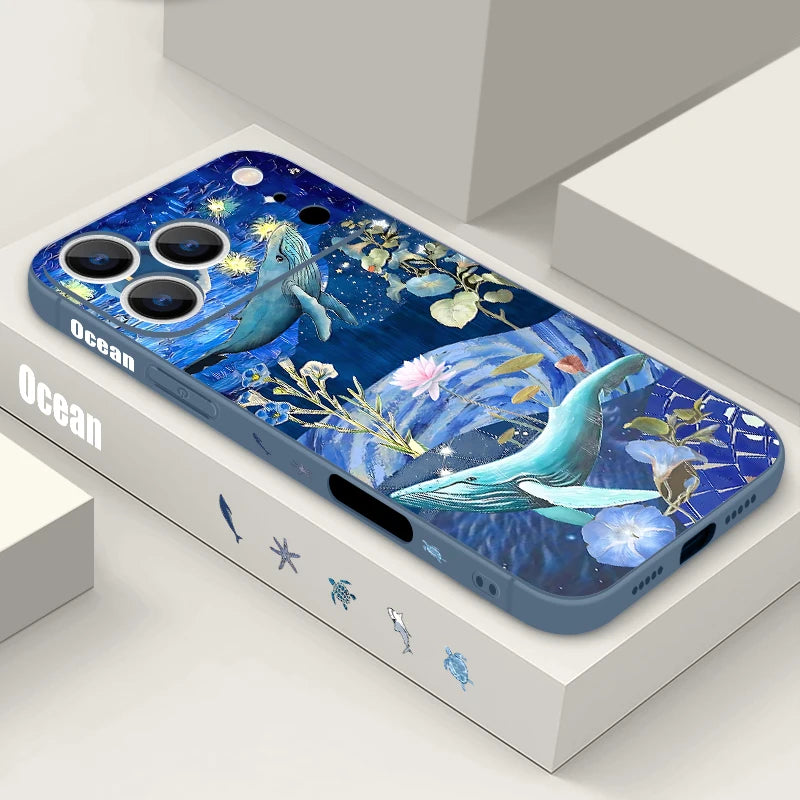 Wrist Strap Lanyard TPU Phone Case For iPhone 17 16 15 Pro Max 12 13 14 Pro Max Air 11 Dreamy Ocean Printed Soft Silicone Cover