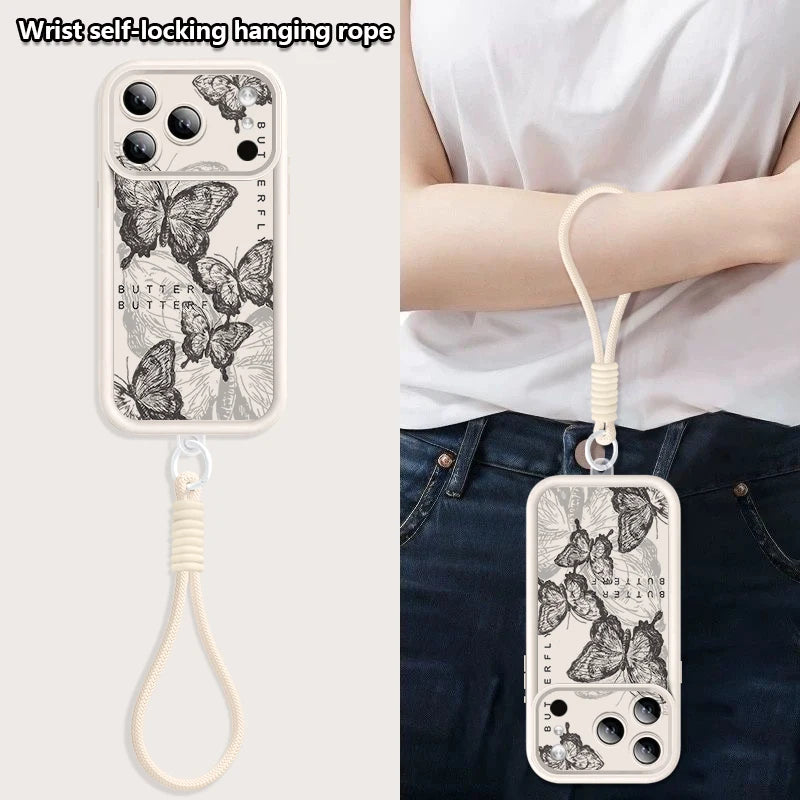Wrist Strap Lanyard Phone Case For iPhone 17 Pro Max Air 16E 16 14 15 Pro 12 13 Pro Max 11 Sketch Butterfly Pattern TPU Cover