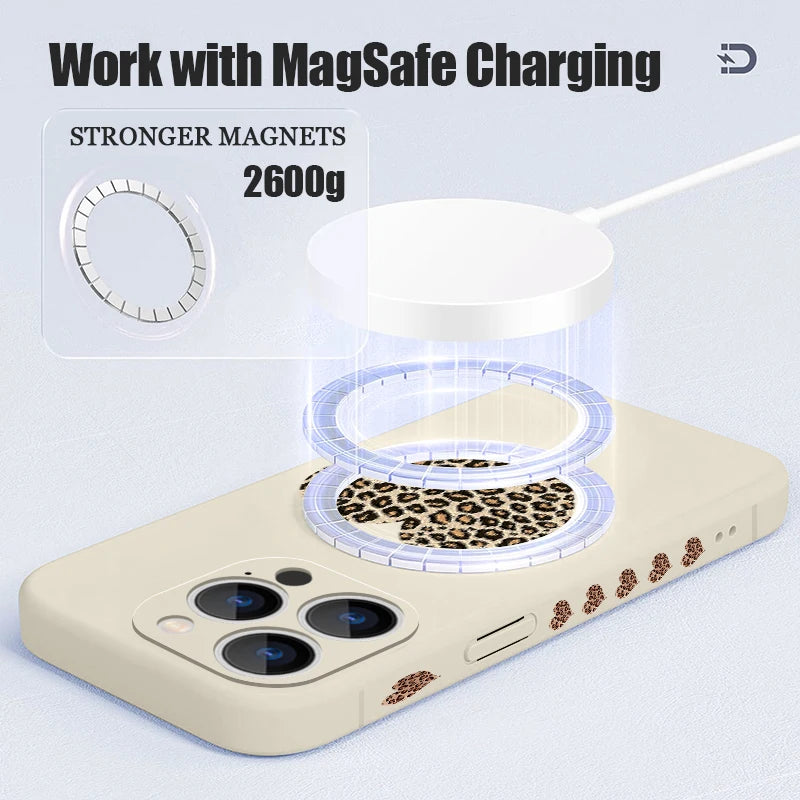 Magnetic For Magsafe Case For iPhone 17 Pro Max Air 16E 16 15 14 13 12 Pro Max 11 Leopard Print Love Heart Lanyard TPU Cover