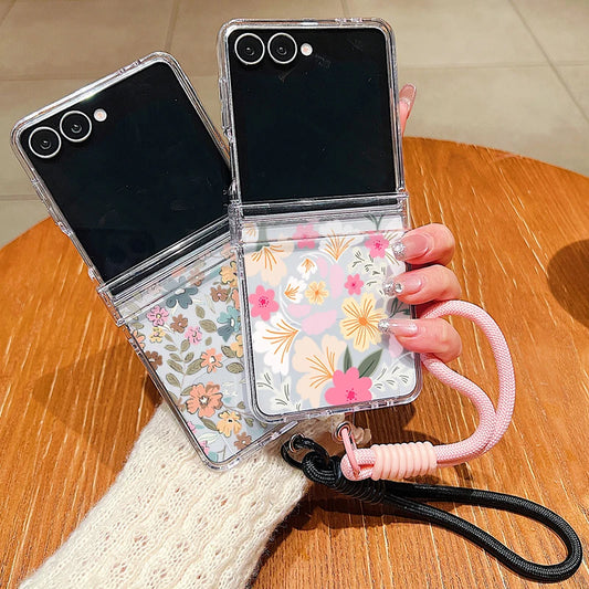 Wrist Strap Lanyard Phone Case For Samsung Galaxy Z Flip7 Flip6 Flip5 Flip4 Flip 7 FE 6 5 4 3 5G Colourful Flower Pattern Cover