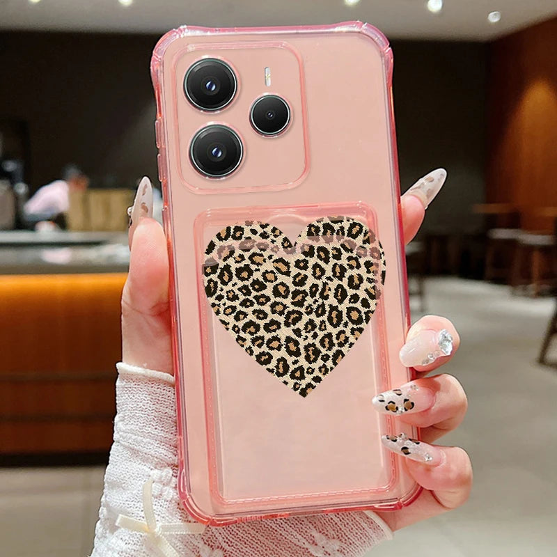 Card Slot Pocket Soft TPU Case For Xiaomi Poco X6 X7 F6 X5 Pro M6 Pro C65 Leopard Print Love Heart Pattern Silicone Phone Cover