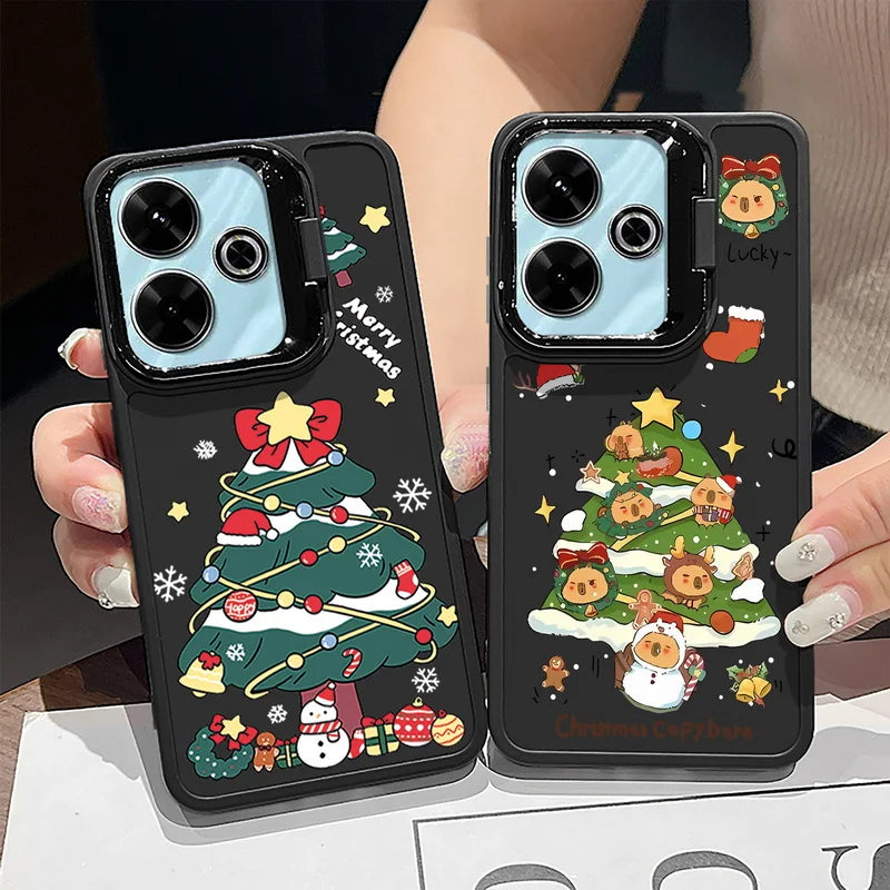Merry Christmas Pattern Lens Frame Holder Case For Xiaomi Redmi Note 13 Pro 12 11 Pro 5G 13C 4G Kickstand Soft TPU Phone Cover