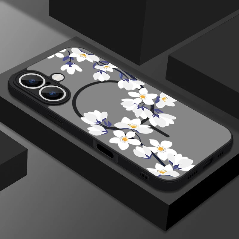 Hard Matte Magnetic Case For iPhone 16e 16 15 Pro Max 14 13 Pro For Magsafe Wireless Charge Small Flowers Print Phone Cover