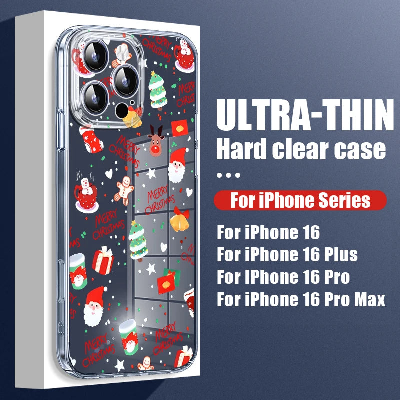 Transparent Hard PC Case For iPhone 17 15 14 13 12 16 Pro Max 16e 11 Crystal Clear Christmas Tree Snowman Printed Phone Cover