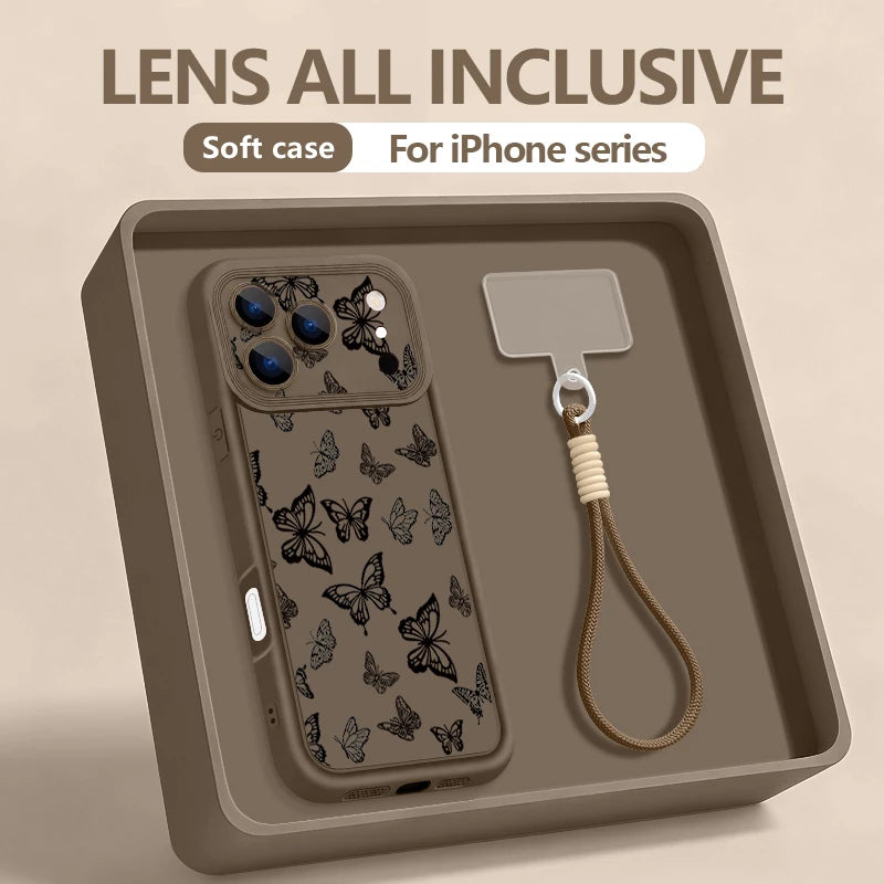 Wrist Strap Lanyard Phone Case For iPhone 17 Pro Max Air 16E 16 14 15 Pro 12 13 Pro Max 11 Black Butterfly Pattern TPU Cover