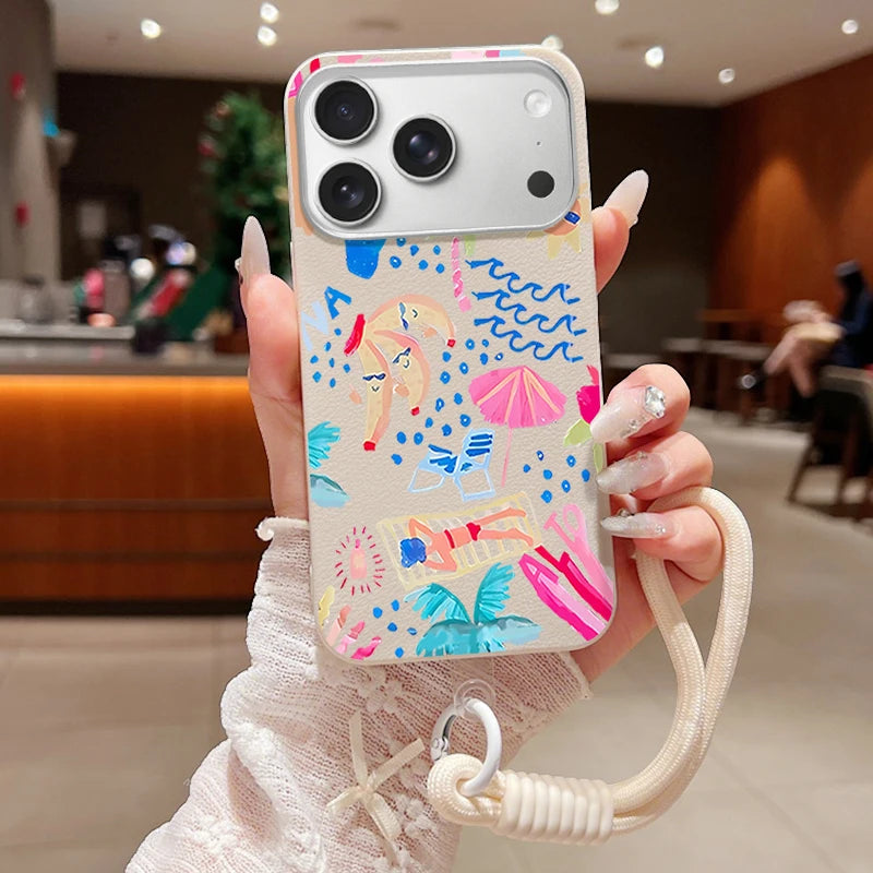 Wrist Strap Lanyard Phone Case For iPhone 17 16 15 Pro Max 14 15 Plus 13 12 Pro Max Air Summer Vacation Printed TPU Back Cover