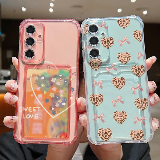 Card Pocket TPU Phone Case For Samsung Galaxy S25 S24 S23 Ultra S24 S23 S25 FE S22 S21 Plus Colorful Love Heart Pattern Cover