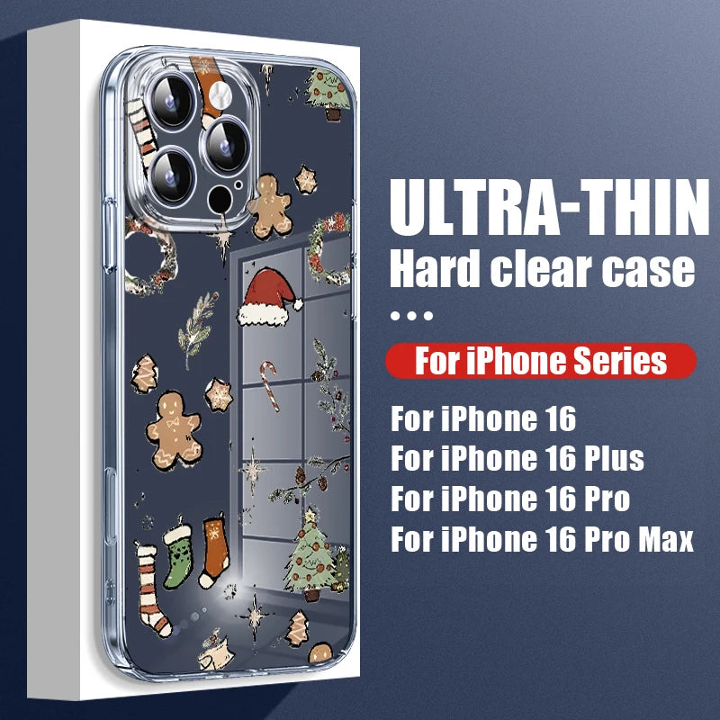 Transparent Hard PC Case For iPhone 17 Pro Air 15 14 13 12 16 Pro Max 16e 11 Crystal Clear Christmas Elk Pattern Phone Cover